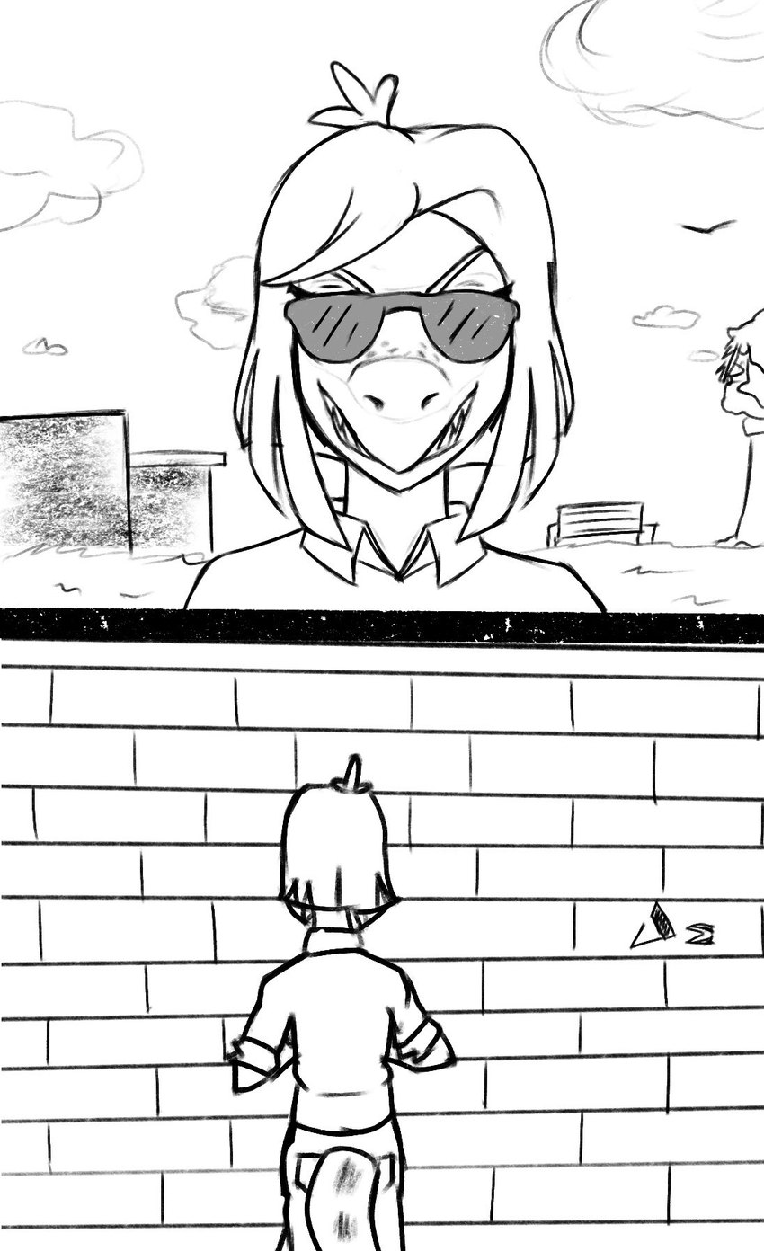 anthro blind brick_wall clothing disability eyewear female front_view hair outside sharp_teeth shirt short_hair smile solo sunglasses teeth topwear wall_(structure) jacket_ignites cavemanon_studios snoot_game bianca_(bybuckett) fan_character dinosaur prehistoric_species reptile scalie 2024 black_and_white comic hi_res monochrome sketch