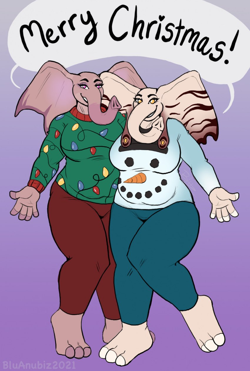 anthro clothing dialogue duo female sweater topwear blu_anubiz amanda_fairhart sarah_fairhart elephant elephantid mammal proboscidean hi_res