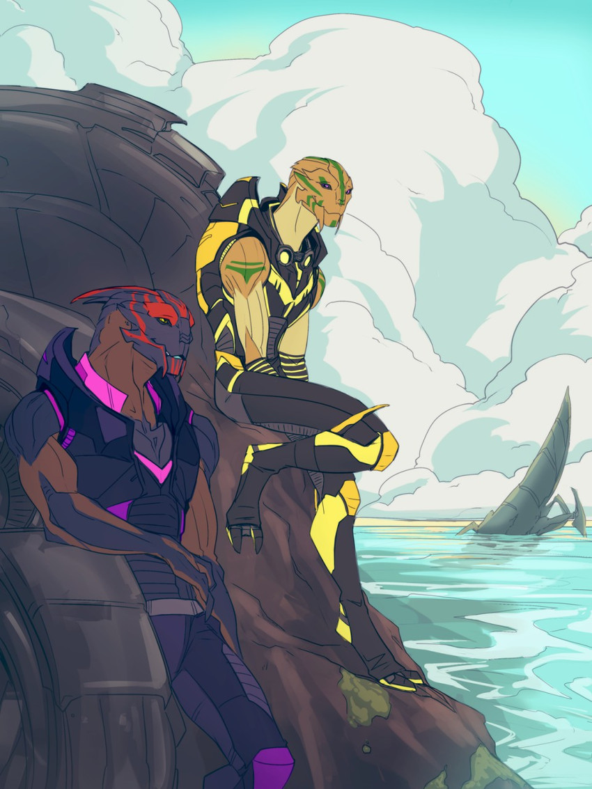 clothing duo leaning_on_object looking_aside male outside sleeveless_clothing smile standing water relay314 bioware electronic_arts mass_effect alien turian 3:4 hi_res