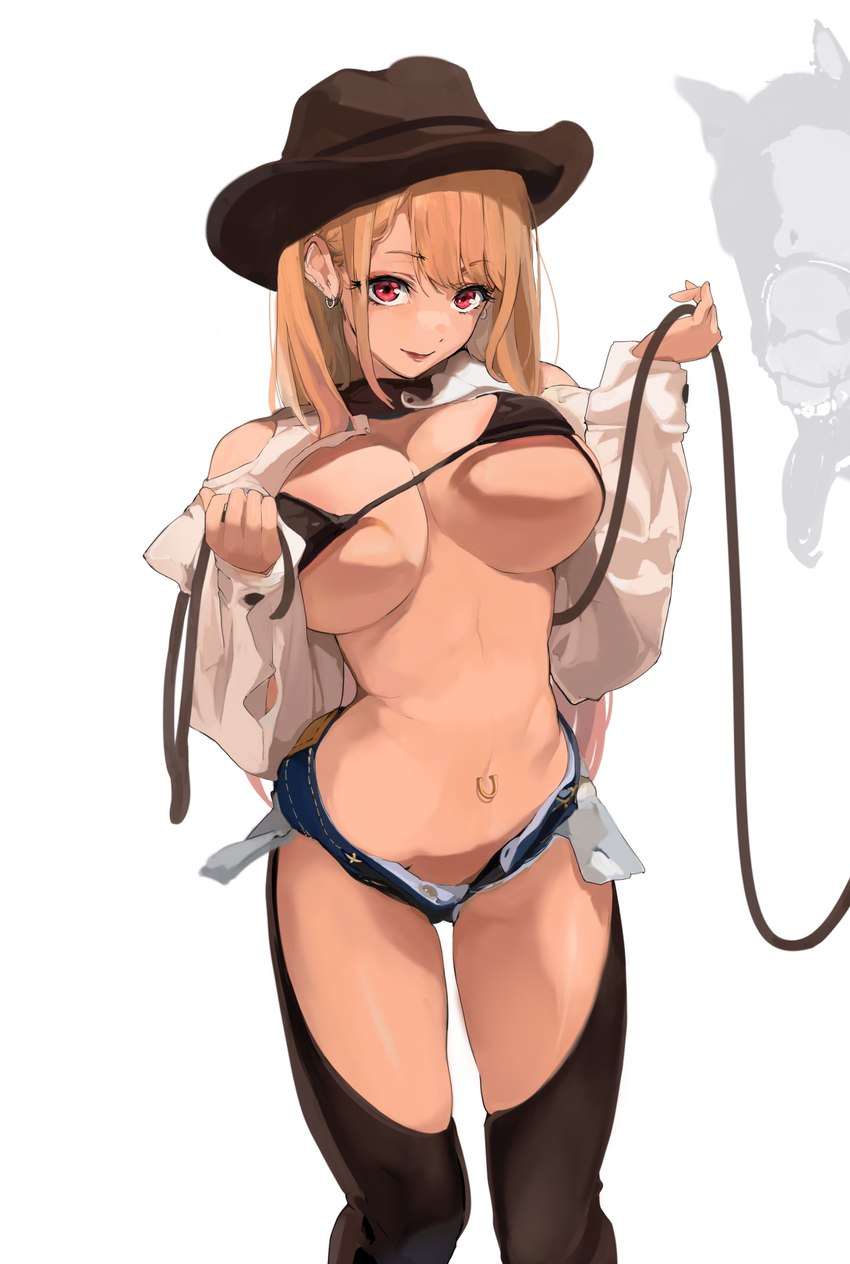 big_breasts bikini bikini_cowgirl blonde_hair bottomwear breasts chaps clothing cowboy_hat duo ear_piercing ear_ring female feral hair hat headgear headwear hotpants imminent_bestiality leash looking_at_viewer male navel navel_piercing not_furry_focus piercing red_eyes ring_piercing shirt shorts simple_background spandex spandex_shorts swimwear tight_bottomwear tight_clothing tight_shorts tongue tongue_out topwear two-piece_swimsuit unbuttoned_shirt white_background mamimi_(artist) my_dress-up_darling kitagawa_marin equid equine horse human mammal 2022 hi_res