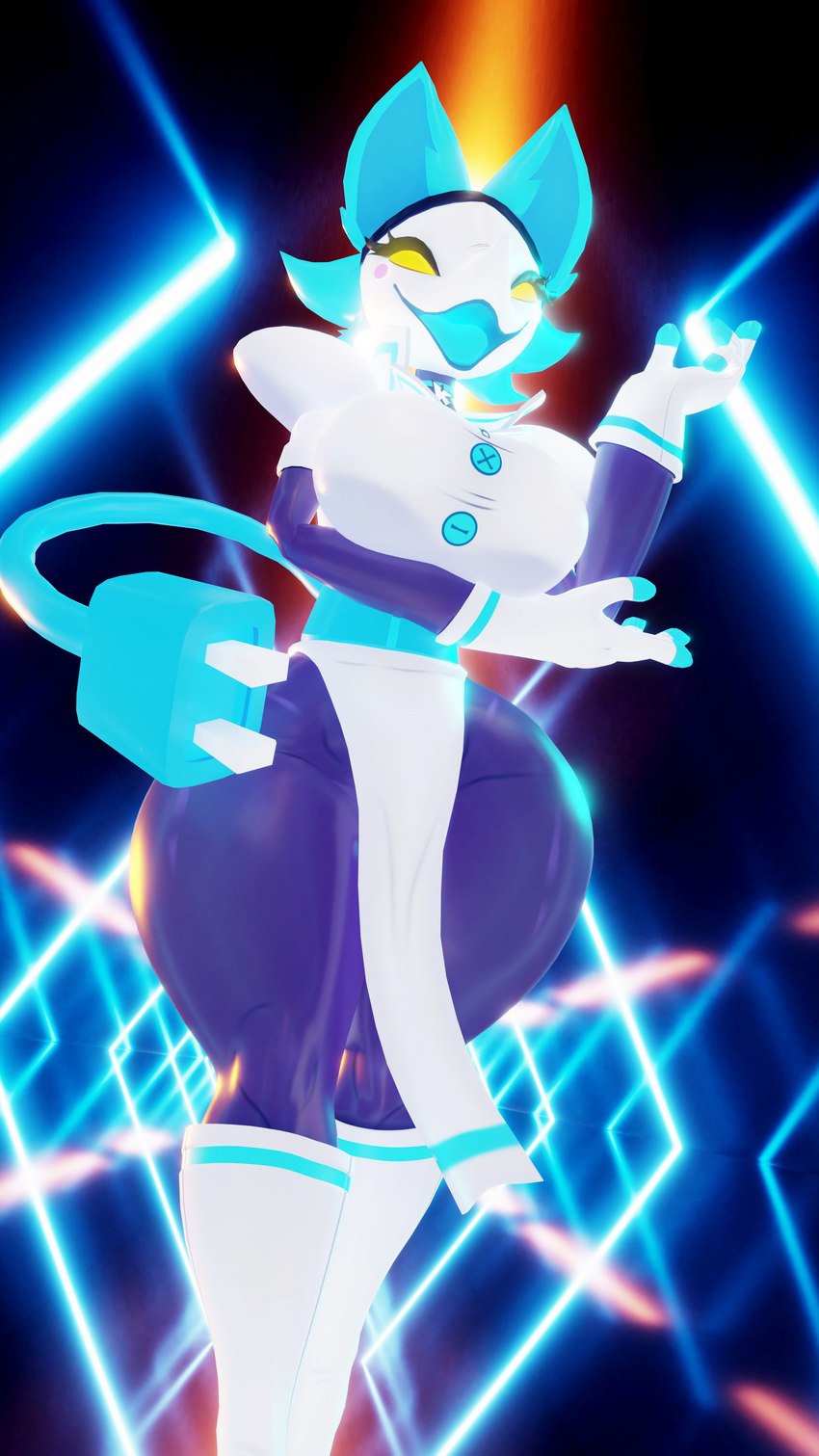 abstract_background anthro arm_under_breasts big_breasts biped blue_body blue_fur bottomwear breasts cable_tail clothed clothing female fur gloves glowing handwear high_collar holding_elbow jacket loincloth looking_at_viewer machine no_pupils open_mouth skirt smile smiling_at_viewer solo tail thick_thighs tongue tongue_out topwear fever-dreamer blender_cycles deltarune undertale undertale_(series) tasque_(cryptiacurves) tasque_manager domestic_cat felid feline felis mammal robot 3d_(artwork) 4k 9:16 absurd_res blender_(artwork) digital_media_(artwork) hi_res