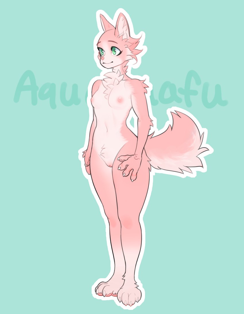 anthro breasts female fur genitals green_eyes nude pink_body pink_fur pussy small_breasts solo tail young young_female aquafuafu third-party_edit canid canine canis felid feline hybrid mammal wolf censor_removal_edit hi_res