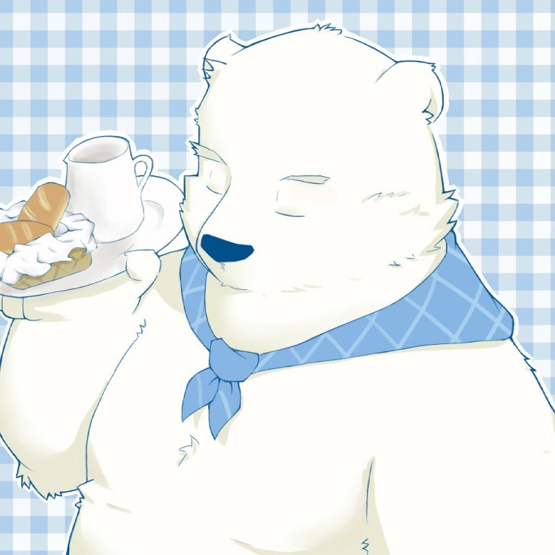 anthro belly beverage eyes_closed food fur humanoid_hands male overweight overweight_anthro overweight_male simple_background solo white_body white_fur furball_shirokm shirokuma_cafe shirokuma bear mammal polar_bear ursine 1:1 2018