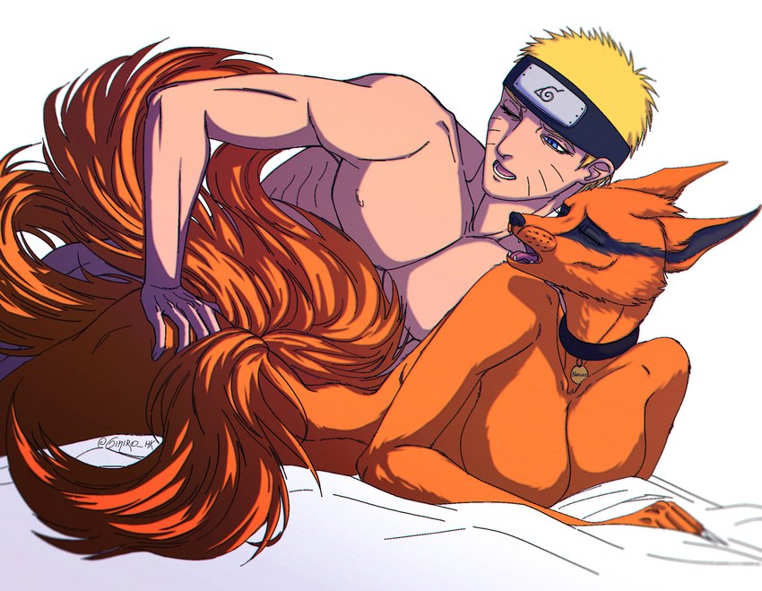 4_tails accessory anthro blonde_hair blue_eyes breasts collar collar_tag crossgender duo female fur hair hand_on_butt headband male male/female multi_tail nipples orange_body orange_fur simple_background tail whiskers white_background naruto kurama naruto_uzumaki canid canine fox human mammal hi_res