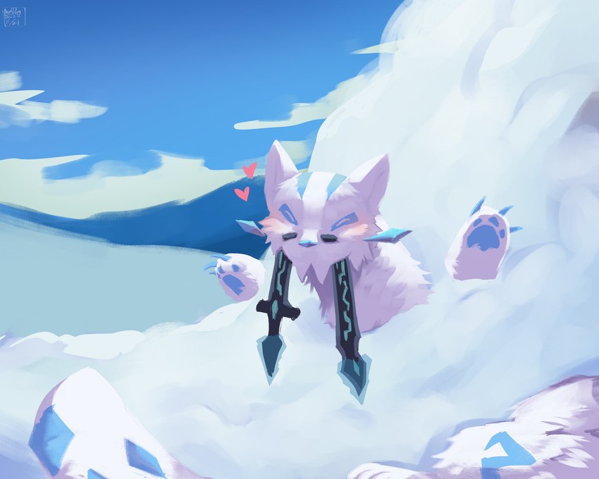 ambiguous_gender blue_pawpads blush buried buried_in_snow cheek_tuft claws detailed_background eyes_closed facial_tuft fangs feral fur heart_symbol markings outside pawpads sky skyscape snow solo spots spotted_body spotted_fur teeth toe_claws tuft whiskers white_body white_fur baddog0214 nintendo pokemon chien-pao felid generation_9_pokemon legendary_pokemon mammal pantherine pokemon_(species) 2022 5:4 hi_res