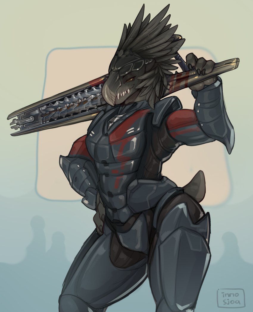 4_fingers anthro armor beak beam_rifle claws clothed clothing codpiece cuirass cuisse energy_weapon feathers finger_claws fingers front_view futuristic futuristic_armor grey_body grey_eyes gun hand_on_hip head_feathers holding_gun holding_object holding_ranged_weapon holding_weapon looking_at_viewer male markings pose pupils ranged_weapon science_fiction sharp_teeth short_tail slit_pupils smile solo standing tail teeth vambrace weapon weapon_on_shoulder inno-sjoa halo_(series) microsoft xbox_game_studios zath-kehk_(zavan) alien avian kig-yar scalie t'vaoan 2023 colored digital_media_(artwork) hi_res pinup signature