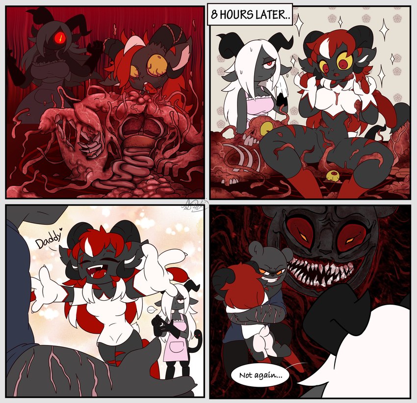 anthro baby death demonic exposed_muscle female gore guts imminent_death intestines male organs reincarnation summoning summoning_circle syringe young narwhal69 chopchop_(nightnight) nala_(nightnight) bear black_bear bovid caprine caprine_demon demon goat goat_demon mammal moon_bear ursine absurd_res comic hi_res