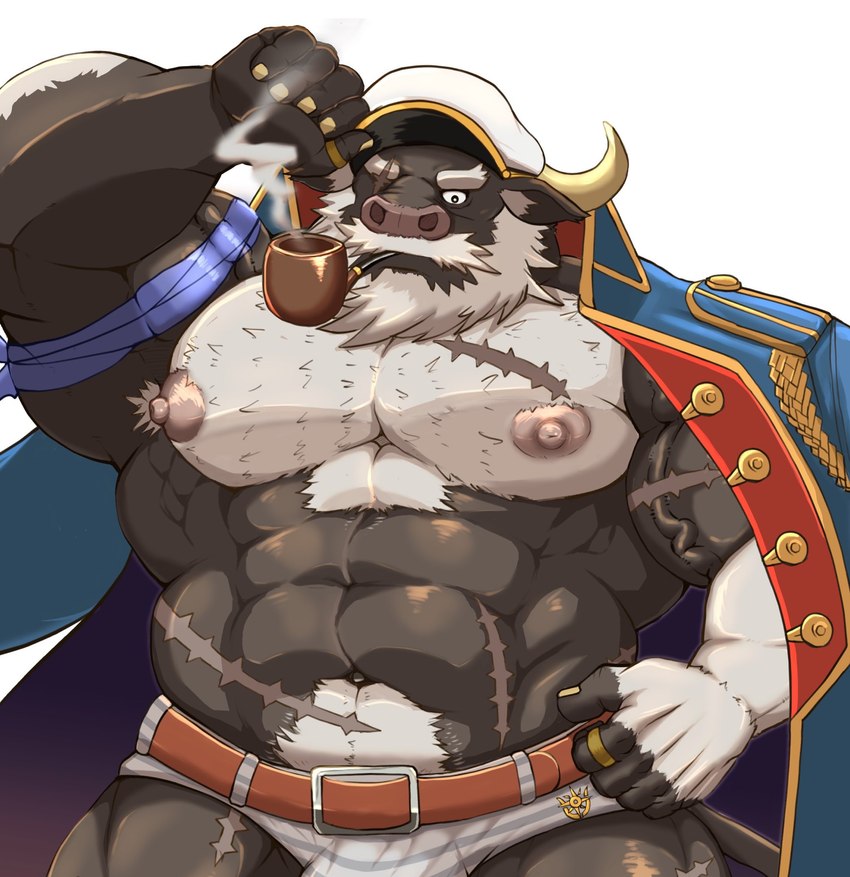 abs anthro beard belt biceps body_hair bulge chest_hair clothing coat_cape facial_hair facial_scar hat headgear headwear jacket male mature_male muscular muscular_anthro muscular_male nipples pecs pipe scar smoking solo topwear underwear tenjyo_k lifewonders tokyo_afterschool_summoners ahab_(tas) bovid bovine mammal true_buffalo water_buffalo hi_res