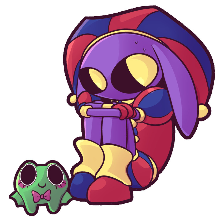 4_fingers anthro bodily_fluids cosplay crossed_arms curled_up fetal_pose fingers looking_down male mouthless nervous plushie sitting sitting_on_ground solo sweat sweatdrop screaming_alice glitch_productions the_amazing_digital_circus jax_(tadc) pomni_(tadc) ribbit_(tadc) lagomorph leporid mammal rabbit absurd_res hi_res