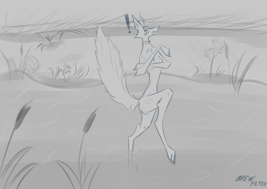 anthro blush blush_lines collar collar_only covering covering_chest covering_own_breasts covering_self exposed female looking_at_viewer nude shocked solo surprised_expression swamp brewfilter 15_(brewfilter) canid canine fox grey_fox mammal urocyon digital_drawing_(artwork) digital_media_(artwork) hi_res monochrome sketch