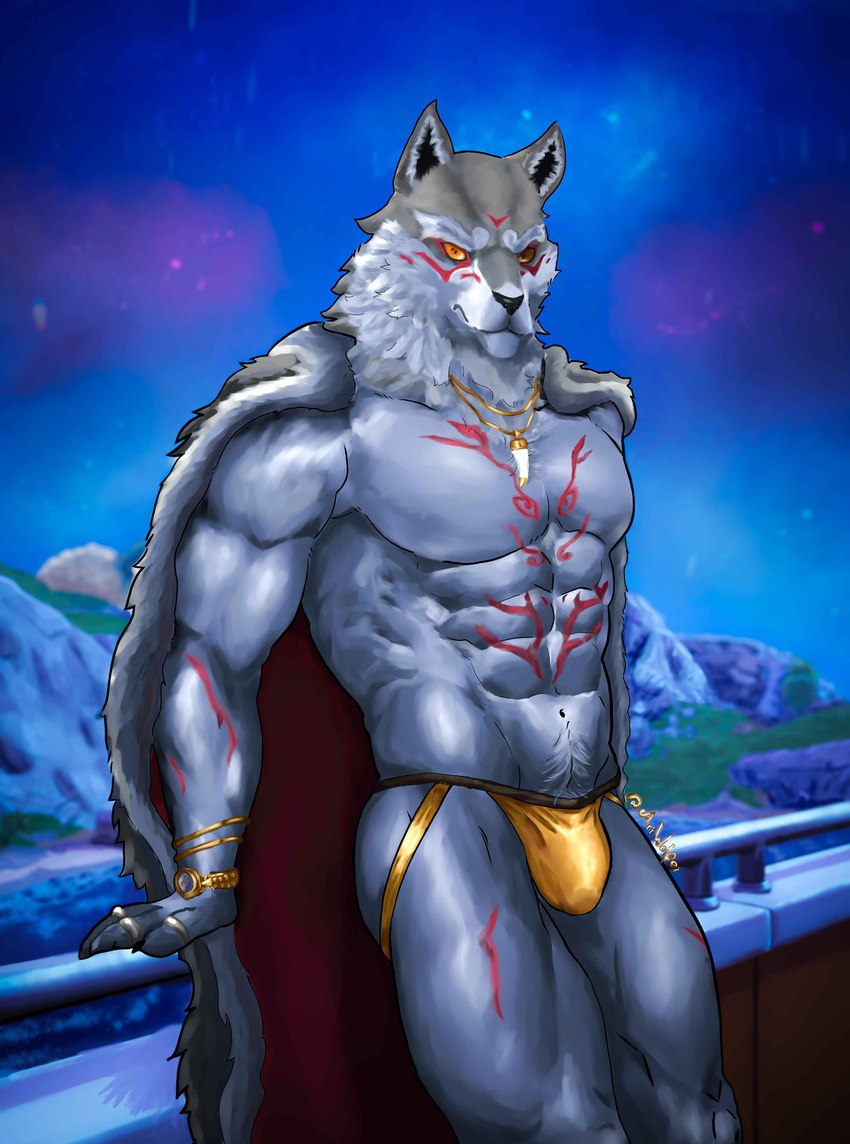 abs accessory anthro big_bulge bracelet bulge cloak clock clothing coat detailed_background fur gold_(metal) gold_bracelet gold_jewelry gold_necklace gold_watch jewelry jockstrap looking_at_viewer male mostly_nude muscular muscular_anthro muscular_male necklace pubes red_body red_fur red_pattern ring solo thick_thighs topwear underwear watch white_body white_fur yellow_eyes ariwolfer epic_games fortnite fletcher_kane canid canine canis mammal wolf absurd_res digital_media_(artwork) hi_res