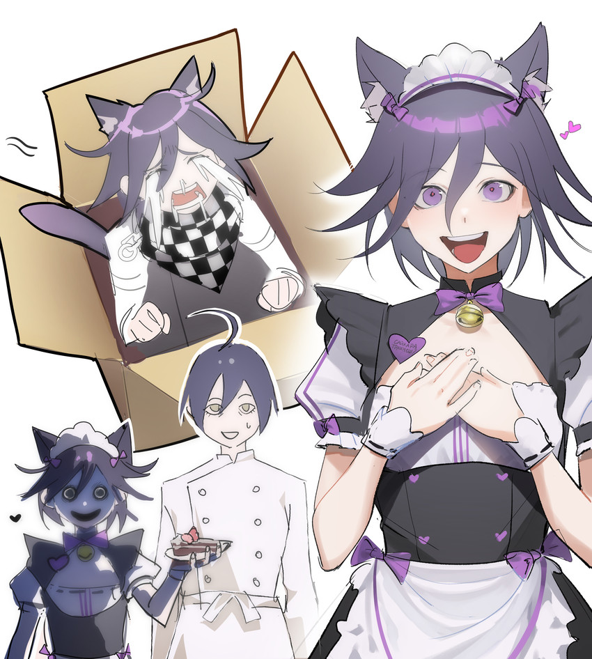 ahoge blue_hair bodily_fluids box cake clothed clothing container creepy crying dessert femboy food hair maid_uniform male nightmare_fuel purple_eyes purple_hair sad scarf simple_background smile solo tears uniform white_background uriyana_yuku danganronpa danganronpa_v3 spike_chunsoft kokichi_oma shuichi_saihara animal_humanoid cat_humanoid felid felid_humanoid feline feline_humanoid human humanoid mammal mammal_humanoid absurd_res colored hi_res