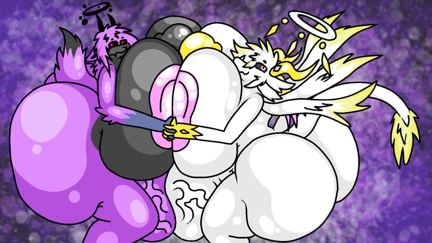 anthro balls big_balls big_breasts big_butt big_nipples big_penis breasts butt duo genitals halo hand_holding herm huge_balls huge_breasts huge_butt huge_nipples huge_penis hyper hyper_balls hyper_breasts hyper_butt hyper_genitalia hyper_nipples hyper_penis intersex intersex/intersex looking_at_viewer nipples penis penis_between_breasts vein veiny_balls dahliathefox mythology liminal_(elysios) nyarky_(dahliathefox) bovid caprine caprine_demon deity demon dragon goat goat_demon mammal mythological_creature mythological_scalie scalie hi_res