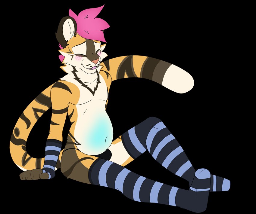 blush bodily_fluids clothing cum cum_inflation cum_inside femboy genital_fluids inflation legwear long_tail male panties sitting solo stripes tail thigh_highs thong underwear aether_stripes kiari_templaris felid mammal pantherine tiger