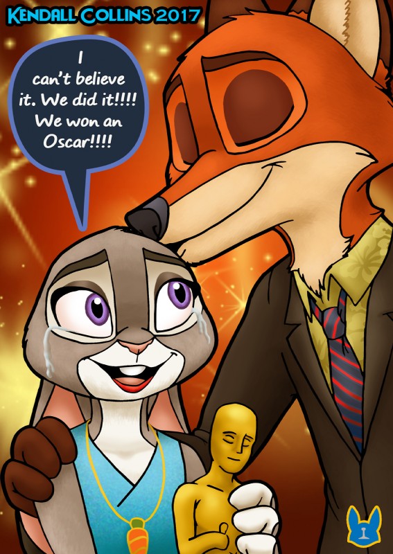 anthro award clothed clothing duo female fur holding_award holding_object holding_oscar_statuette long_ears male oscar_statuette kendall_collins academy_awards disney zootopia judy_hopps nick_wilde canid canine fox lagomorph leporid mammal rabbit red_fox true_fox 2017 hi_res