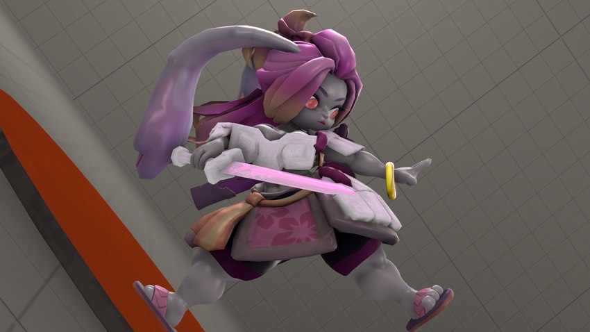 anthro breasts clothing eyebrows eyeshadow female flip_flops footwear grey_body grey_skin hair knife lipstick makeup melee_weapon pink_eyeshadow pink_hair pink_lipstick purple_eyebrows red_eyes sandals shoes slightly_chubby slightly_chubby_anthro slightly_chubby_female slippers solo sword weapon mightyk gunfire_reborn tao_(gunfire_reborn) lagomorph leporid mammal rabbit 16:9 3d_(artwork) digital_media_(artwork) hi_res widescreen