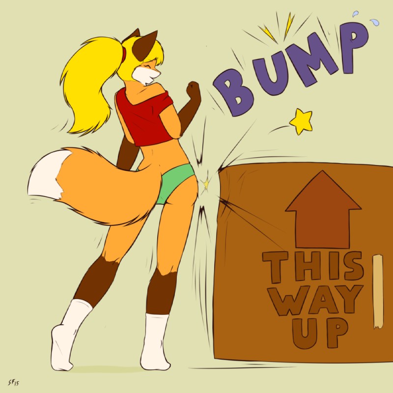 anthro blonde_hair box bump butt clothed clothing container female fluffy fluffy_tail footwear fur hair impact legwear orange_body orange_fur panties shirt smile socks solo tail this_way_up topwear underwear white_body white_fur starfighter canid canine fox mammal 1:1 2015