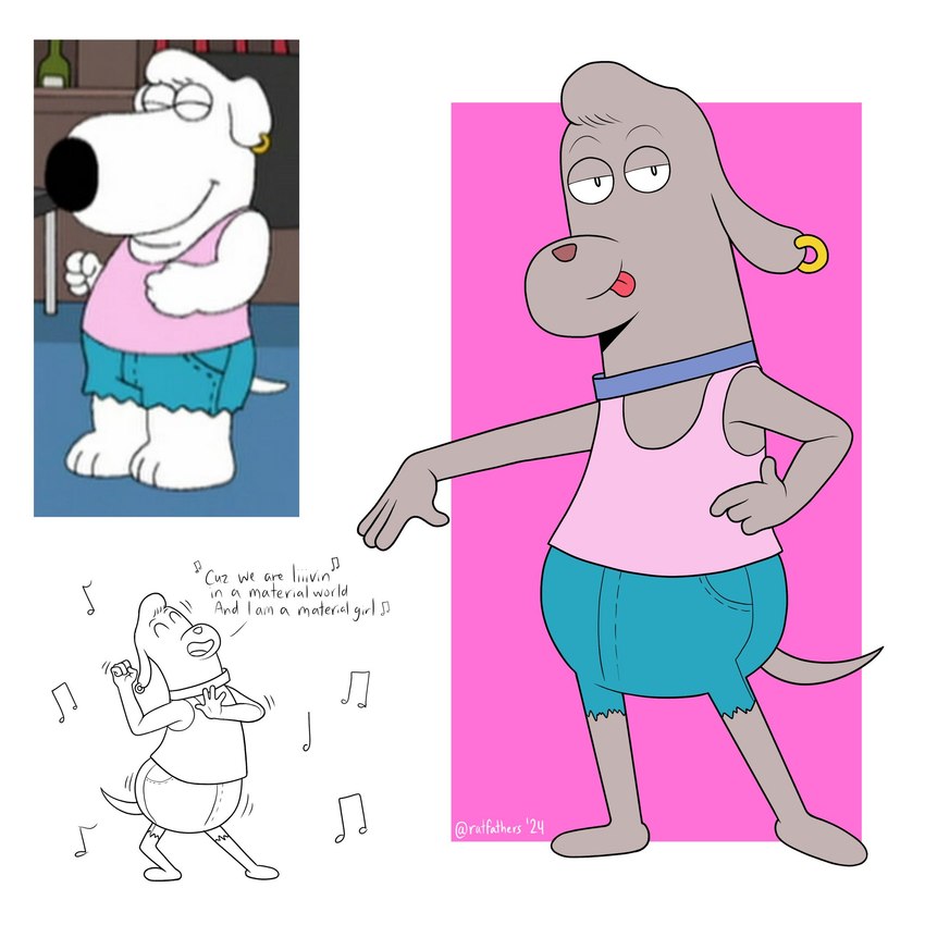 anthro bottomwear clothing collar cutoffs dancing denim denim_bottomwear denim_clothing ear_piercing ear_ring limp_wrist male piercing ring_piercing shorts tongue tongue_out ratfathers family_guy robot_dreams dog_(robot_dreams) jasper_(family_guy) canid canine canis domestic_dog mammal 1:1 hi_res