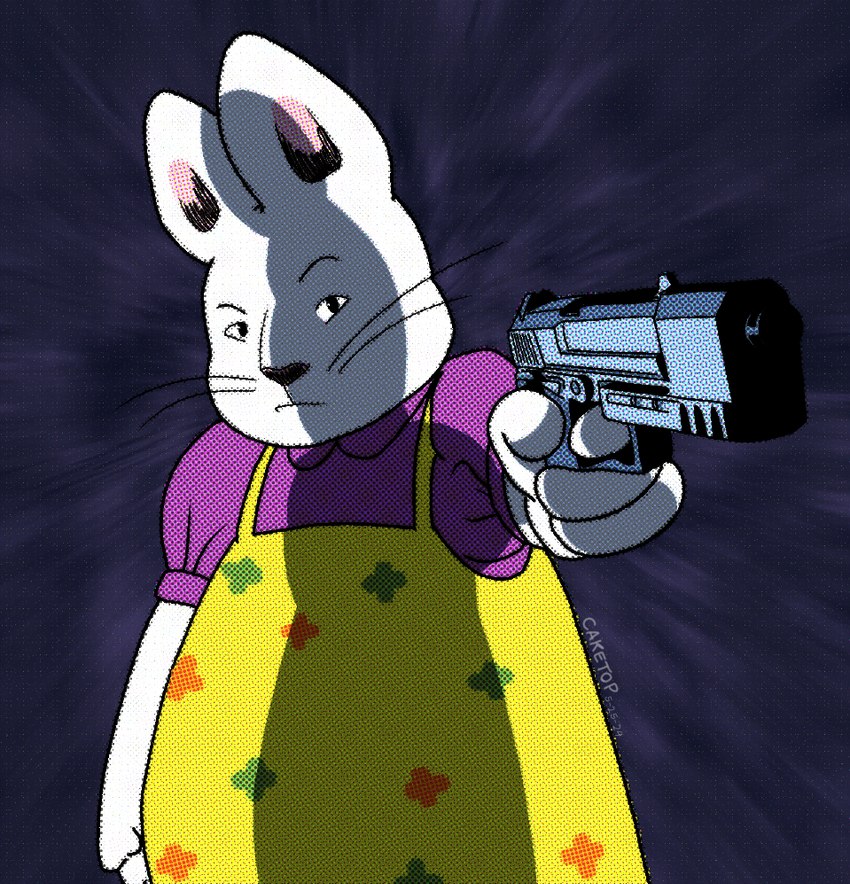 anthro clothed clothing female female_anthro gun handgun holding_gun holding_object holding_ranged_weapon holding_weapon looking_at_viewer pointing_gun ranged_weapon simple_background solo weapon cake_top max_and_ruby rosemary_wells ruby_(max_and_ruby) lagomorph leporid mammal rabbit digital_media_(artwork) icon reaction_image