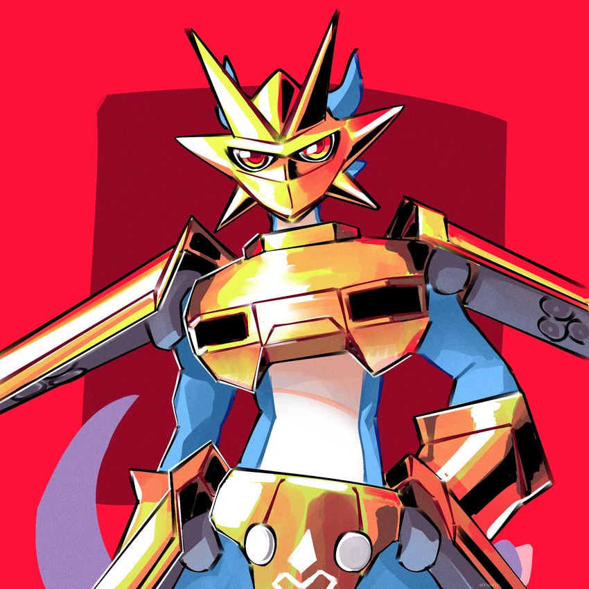 anthro armor blue_body gold_(metal) gold_armor headgear helmet male midriff red_eyes solo unconvincing_armor notaventura bandai_namco digimon digimon_(species) magnamon scalie 1:1 hi_res