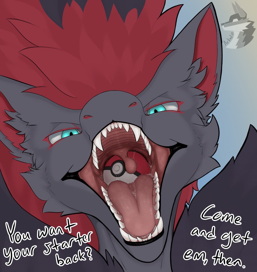 ambiguous_gender anthro big_uvula biped bodily_fluids fur looking_at_viewer mouth_shot object_ingestion object_vore open_mouth oral_vore pokeball pokeball_in_mouth pokeball_vore saliva simple_background solo swallowing_pokeball talking_to_viewer text tongue uvula vore white_body white_fur arkailart nintendo pokemon canid canine fox generation_5_pokemon mammal pokemon_(species) zoroark digital_drawing_(artwork) digital_media_(artwork) hi_res