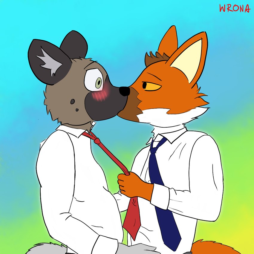 anthro blush clothing clothing_pull duo kissing male male/male necktie necktie_pull wroniasty aggretsuko sanrio haida_(aggretsuko) ookami_(aggretsuko) canid canine hyena mammal maned_wolf spotted_hyena 1:1 hi_res