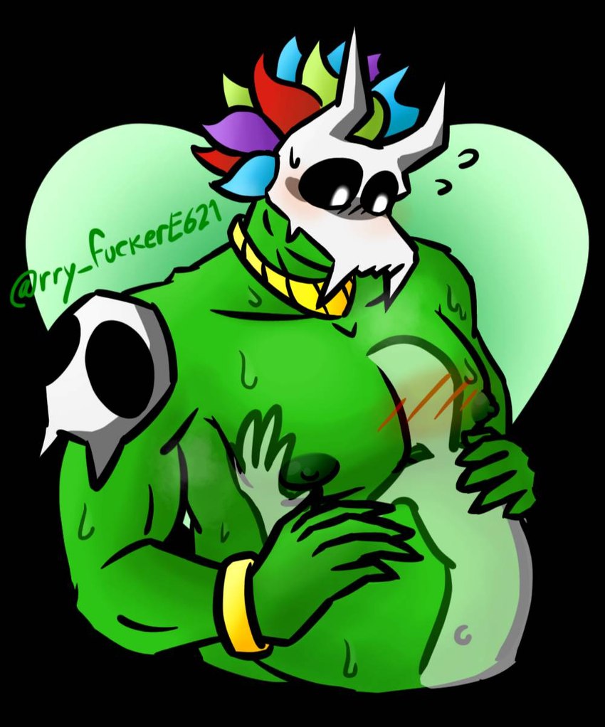 anthro belly bodily_fluids duo green_body green_skin hug hugging_belly male male/male nipples non-mammal_nipples slightly_chubby slightly_chubby_male sweat sweatdrop rry_fuckere621 terraria witch_doctor_(terraria) animal_humanoid human humanoid lizard lizard_humanoid lizardman mammal reptile reptile_humanoid scalie scalie_humanoid hi_res