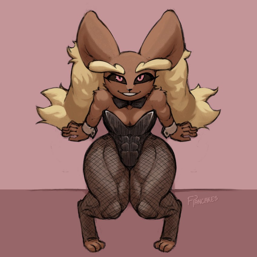 abs anthro athletic athletic_anthro athletic_female bow_(feature) bow_in_front bow_tie breasts brown_body brown_fur bunny_costume clothed clothing costume cuffs_(clothing) female fishnet_clothing fishnet_legwear fur legwear long_ears looking_at_viewer simple_background smile solo thick_thighs wide_hips freepancakes nintendo pokemon lulu_(eztarg3t) generation_4_pokemon lagomorph lopunny mammal pokemon_(species) 1:1 digital_media_(artwork) hi_res