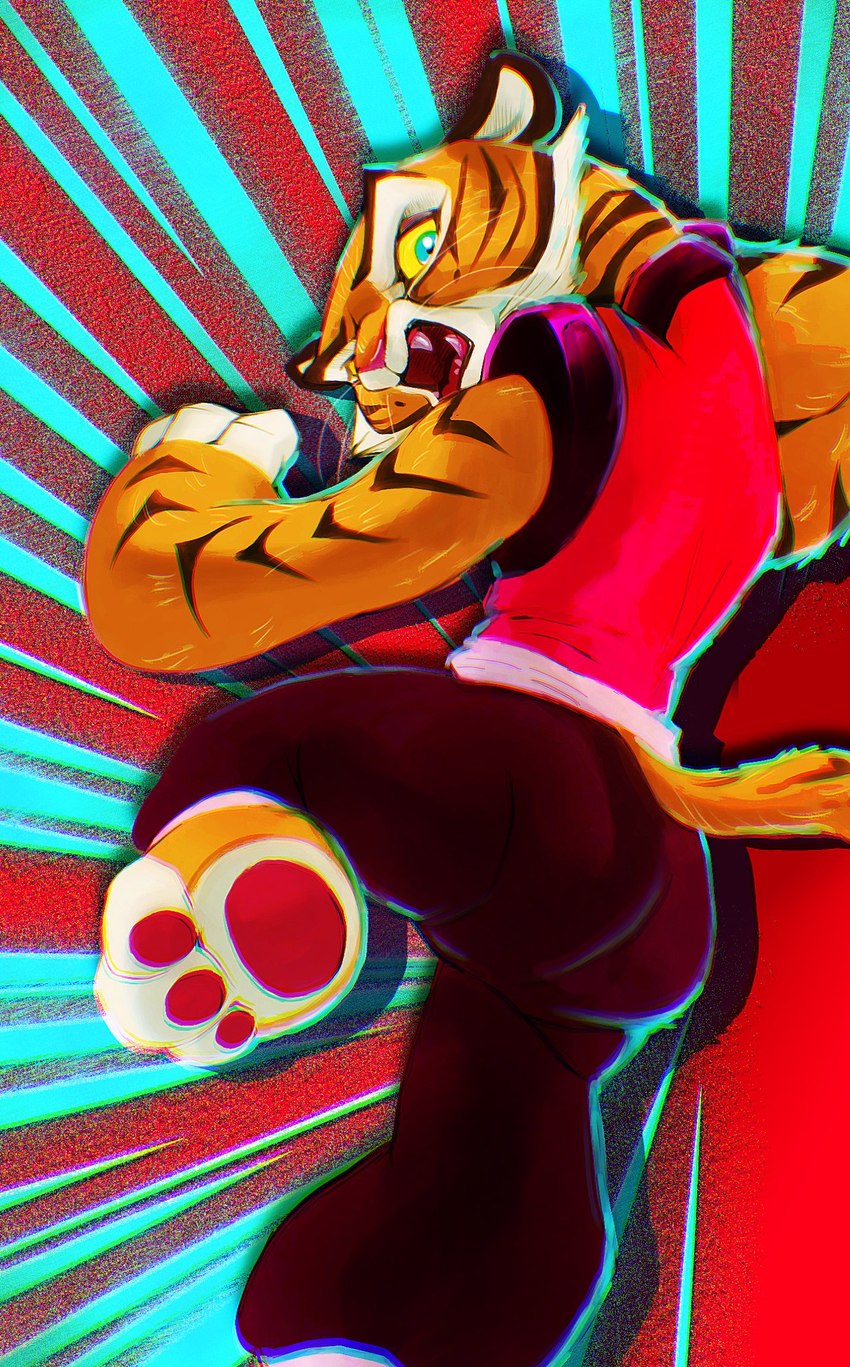 action_pose anthro asian_clothing butt chinese_clothing clothing east_asian_clothing female fur kung_fu looking_at_viewer open_mouth pose sharp_teeth solo striped_body striped_fur stripes tail teeth text whiskers jochico dreamworks kung_fu_panda master_tigress felid mammal pantherine tiger 2024 english_text hi_res pinup