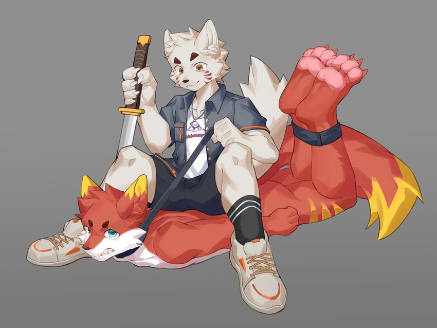 anthro bound clothed clothing collar duo footwear leash legs_tied lying male melee_weapon nude on_front pinned pinned_to_ground shoes simple_background sneakers sword weapon joeyzliaotang canid canine canis mammal wolf 4:3 absurd_res hi_res