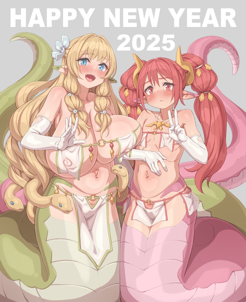 apode armwear big_breasts blonde_hair blue_eyes blush bottomwear breasts clothed clothing duo elbow_gloves eyelashes female flat_chested gesture gloves green_body grey_background hair hand_gesture handwear huge_breasts legless living_hair loincloth looking_at_viewer navel nipple_outline open_mouth pigtails pink_body pink_hair pseudo_hair serpentine simple_background snake_hair split_form text v_sign tenako draconcopode lamia reptile scalie snake hi_res