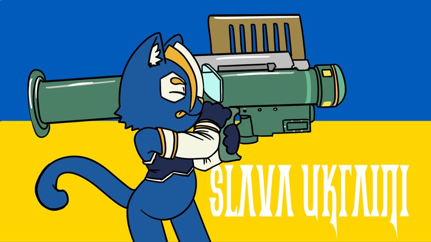 aiming aiming_weapon anthro bangs bottomless clothed clothing eyebrows fim-92_stinger flag flag_background gun holding_object holding_weapon inner_ear_fluff male manpads mascot missile_launcher one_eye_closed pointy_ears politics prick_ears ranged_weapon rocket_launcher solo standing tail tongue tongue_out tuft ukraine ukrainian_flag weapon chizi e621 russo-ukrainian_war hexerade domestic_cat felid feline felis mammal 16:9 2022 digital_media_(artwork) hi_res widescreen