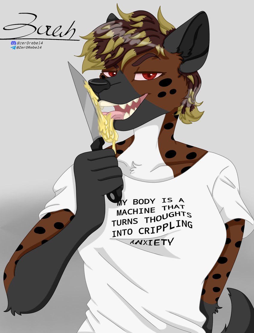 anthro black_body black_fur black_markings black_spots blonde_hair brown_body brown_fur brown_hair butter clothed clothing dairy_products euphemism female food fur grey_body grey_fur grey_markings hair highlights_(coloring) holding_knife holding_object humor hyena_butter innuendo knife licking_knife looking_at_viewer markings red_eyes red_sclera shirt solo spots spotted_markings suggestive_look teeth text topwear white_body white_fur white_markings zer0rebel4 discord_(app) meme_clothing mythology telegram brimstone_(zer0rebel4) canid canid_demon canine demon hellhound hybrid hyena mammal mythological_canine mythological_creature spotted_hyena 2024 absurd_res english_text hi_res meme gynomorph_(lore) trans_(lore) trans_woman_(lore)