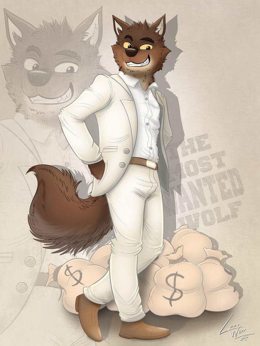 anthro bank_robbery belt black_nose blowup_background bottomwear brown_belt brown_clothing brown_footwear brown_shoes bulge burglar burglary cheek_tuft clothed clothing crime criminal eyebrows facial_tuft fluffy fluffy_fur fluffy_tail footwear fully_clothed fully_clothed_anthro fully_clothed_male grin hands_in_both_pockets head_tuft jacket male male_anthro money money_bag pants pose robber robbery robbing sharp_teeth shirt shoes simple_background smile solo sparkles standing stealing suit suits tail teeth text thief thug topwear tuft white_bottomwear white_clothing white_jacket white_pants white_shirt white_suit white_topwear yellow_sclera lobowupp dreamworks the_bad_guys mr._wolf_(the_bad_guys) canid canine canis mammal wolf 3:4 english_text hi_res signature