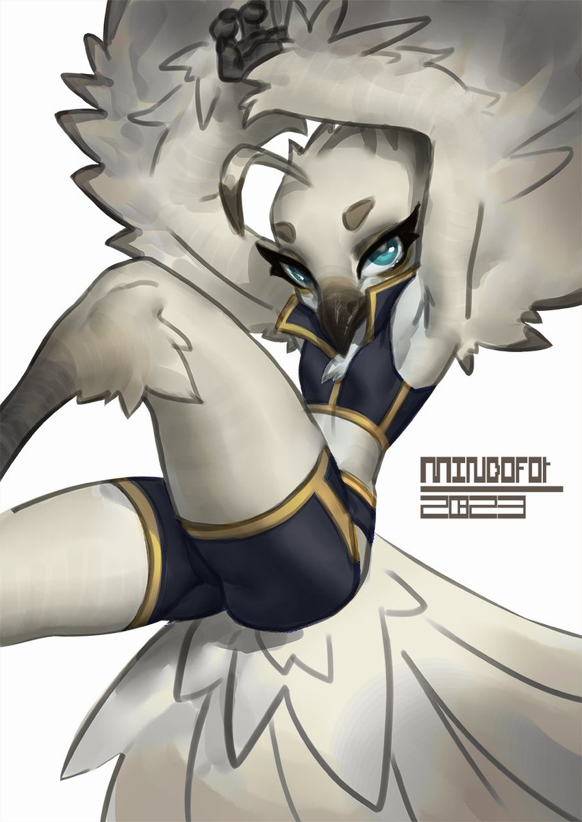 anthro beak blue_eyes bottomwear chest_tuft clothed clothing crop_top eyebrows eyelashes feathers female looking_at_viewer midriff pose shirt shorts simple_background solo topwear tuft vest white_background white_body white_feathers mindofor lyra_(w4g4) avian bird potoo 2023 digital_media_(artwork) hi_res pinup portrait three-quarter_portrait