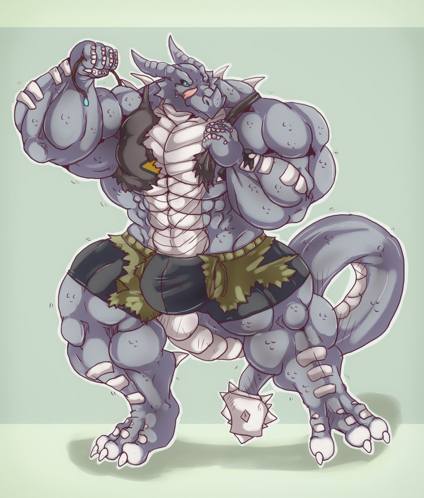 abs anthro barazoku belly biceps big_muscles blue_eyes bulge claws clothed clothing digitigrade dominant flexing front_view fully_clothed grey_body grin growing growth growth_sequence happy huge_muscles hyper hyper_muscles looking_at_viewer male multicolored_body muscular muscular_anthro muscular_male paws pecs pose smile solo spikes tail teeth tongue tongue_out two_tone_body two_tone_tail underwear white_body dragontigerwolf mythology kardukk_(character) dragon kobold mythological_creature mythological_scalie reptile scalie digital_media_(artwork) hi_res sequence shaded