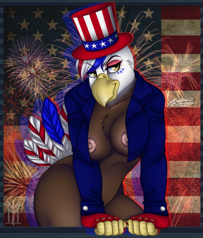 5_fingers american_flag anthro areola arm_support beak big_breasts biped black_eyebrows blue_body blue_feathers breasts brown_body brown_feathers canton claws clothed clothing curvy_figure extended_arms eyebrows eyelashes feathers female finger_claws fingers fireworks flag flag_background forward_arm_support hat headgear headwear holidays hourglass_figure multicolored_body multicolored_feathers nipple_slip nipples non-mammal_breasts non-mammal_nipples open_clothing open_topwear pattern_clothing pattern_hat pattern_headgear pattern_headwear pink_areola pink_nipples pose print_clothing print_hat print_headgear print_headwear red_claws scuted_arms scutes simple_background solo star star_clothing star_headwear star_on_body star_pattern star_polygon star_print star_print_hat tail tail_feathers text thick_thighs top_hat topwear united_states_of_america white_body white_feathers wide_hips yellow_beak thehuntingwolf 4th_of_july liberty_(thehuntingwolf) accipitrid accipitriform avian bald_eagle bird eagle sea_eagle 2021 absurd_res dated digital_media_(artwork) hi_res pinup shaded signature url watermark