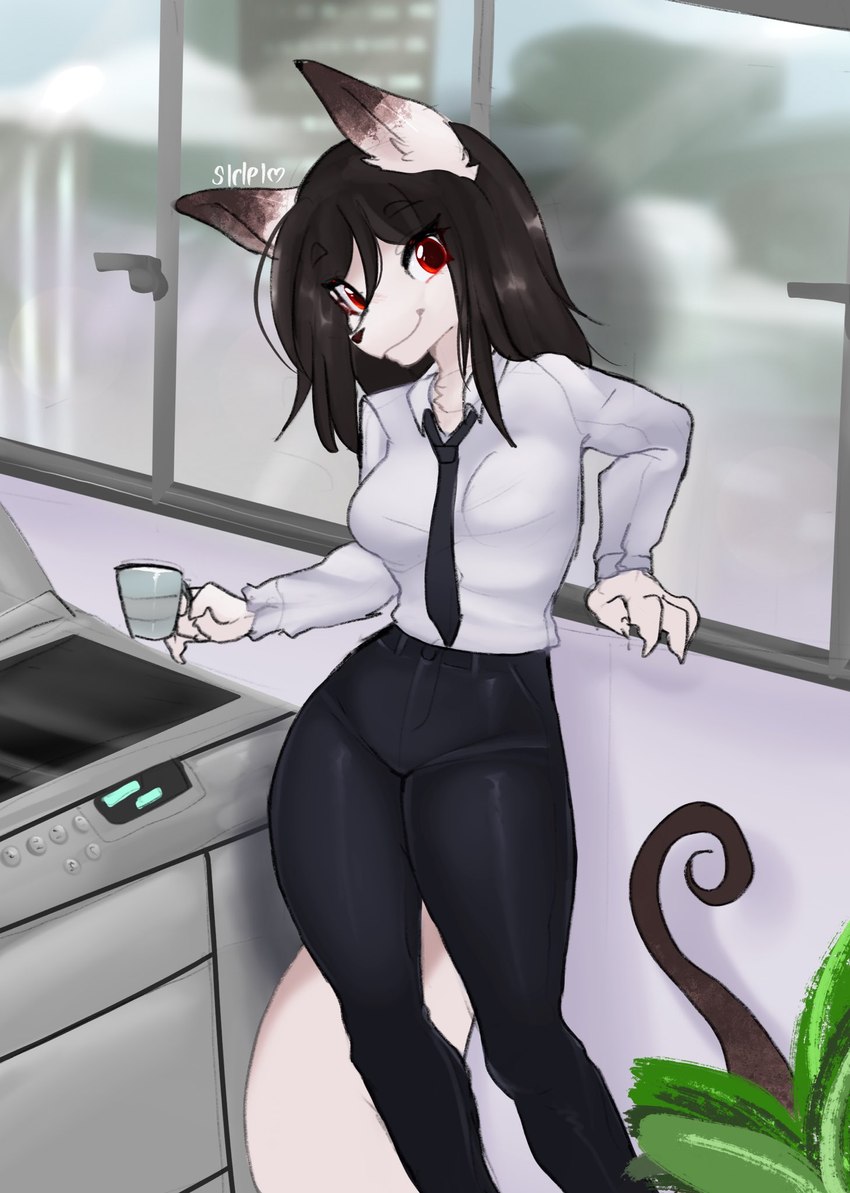 anthro black_hair breasts clothed clothing container cup dipstick_ears dress_shirt ear_markings female fully_clothed fur hair holding_container holding_cup holding_object holding_tea_cup inside looking_at_viewer medium_breasts multicolored_ears necktie office office_clothing office_lady photocopier plant red_eyes shirt slacks smile smiling_at_viewer solo tail tea_cup thick_thighs topwear tucked_shirt white_body white_fur window siripim111 mhang_(siripim111) hi_res signature