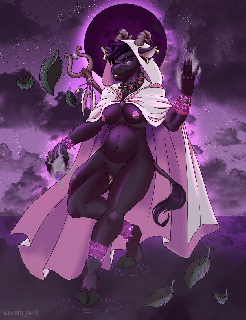 anklet anthro big_breasts bracelet breasts cape clothed clothing dark_body ear_piercing ear_ring eclipse female genital_piercing genitals hair hooded_cape horn jewelry magic magic_user moon nipple_piercing nipples nude piercing purple_background purple_eyes pussy ring_piercing shirtless simple_background smile solo ollie_rabbit philomena_(chaosreverent) bovid caprine goat mammal absurd_res digital_media_(artwork) hi_res