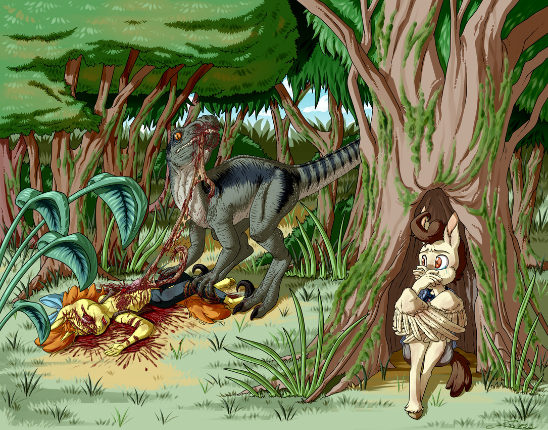 accessory ambiguous_gender anthro back_wings biped bodily_fluids bottomwear bow_ribbon clothed clothing corpse day detailed_background disembowelment eating eyebrows feathered_wings feathers feet female feral forest gore group hair hair_accessory hair_bow hair_ribbon hiding hooves larger_feral looking_at_another lying lying_on_ground male on_back on_ground outside pants plant pupils red_hair ribbons scared sharp_teeth size_difference slit_pupils smaller_anthro standing talons tears teeth toes tree trio unguligrade wings wound_on_face wound_on_torso wounded yellow_body young young_anthro young_female young_male zooshi friendship_is_magic hasbro my_little_pony mythology pound_cake_(mlp) pumpkin_cake_(mlp) dinosaur dromaeosaurid equid equine horse mammal mythological_creature mythological_equine pegasus pony prehistoric_species reptile saurischian scalie theropod 2025 absurd_res hi_res brother_(lore) brother_and_sister_(lore) sibling_(lore) sister_(lore) twins_(lore)