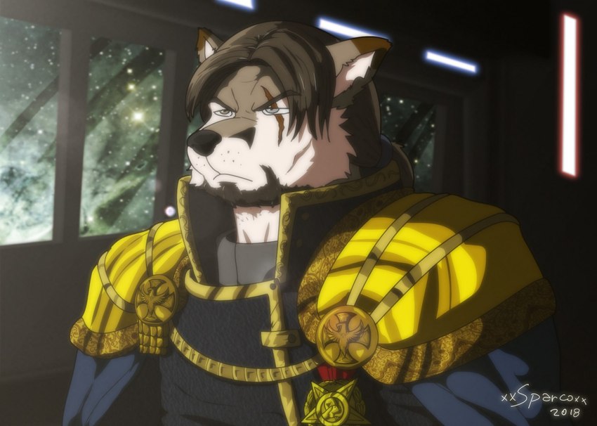 anthro brown_body brown_fur brown_hair clothed clothing fur hair male medal multicolored_body multicolored_fur scar shoulder_guards solo space star two_tone_body two_tone_fur uniform xxsparcoxx jason_creed canid canine canis mammal wolf 2018 artist_name digital_media_(artwork)