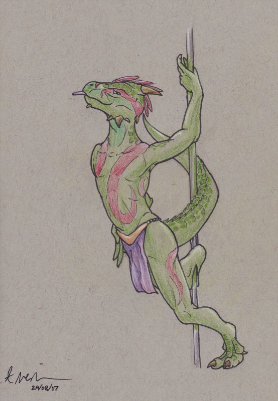 bottomwear claws clothing dancing feathers green_body green_scales horn loincloth looking_at_viewer male pole pole_dancing red_body red_feathers scales solo standing tongue tongue_out doesnotexist microsoft the_elder_scrolls fan_character shows-his-scales argonian scalie hi_res traditional_media_(artwork)