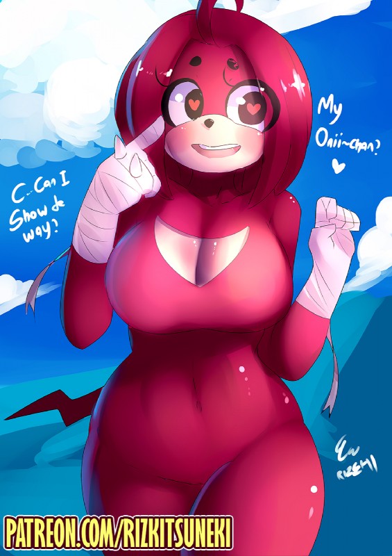 ahoge anthro big_breasts biped black_nose breasts cleavage_cutout crossgender cutout dialogue female front_view hair heart_eyes heart_symbol mtf_crossgender open_mouth red_body red_hair red_skin simple_background solo standing teeth text wide_hips wrappings miiyauwu patreon sega sonic_the_hedgehog_(series) ugandan_knuckles knuckles_the_echidna echidna mammal monotreme 2018 compression_artifacts digital_media_(artwork) english_text hi_res meme portrait three-quarter_portrait url