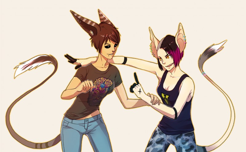 breasts clothed clothing duo ear_piercing facial_piercing female hair lip_piercing open_mouth piercing smile standing melamoryblack animal_humanoid cat_humanoid felid felid_humanoid feline feline_humanoid humanoid mammal mammal_humanoid absurd_res hi_res