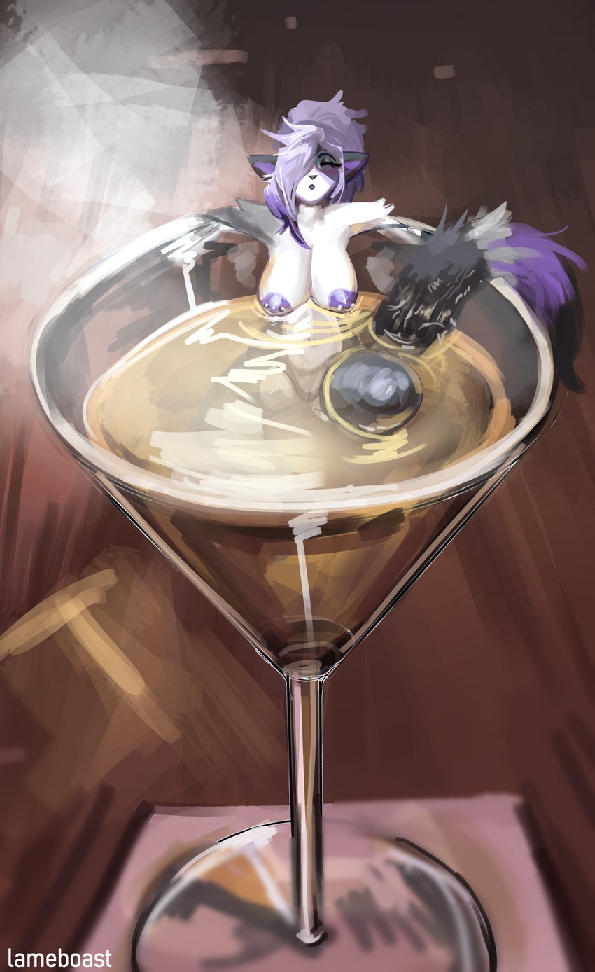 anthro areola barbell_piercing bathing bathing_in_urine big_breasts black_body black_ears black_fur black_nose black_tail blush bodily_fluids breasts cocktail_glass container cup drinking_glass eyelashes eyes_closed female fluffy fluffy_tail fur genital_fluids genitals glass glass_container glass_cup grey_body grey_fur grey_tail hair in_container in_glass leaning leaning_backward long_hair micro multicolored_body multicolored_fur multicolored_tail napkin nipple_barbell nipple_piercing nipples nude nude_anthro nude_female open_mouth partially_submerged piercing pointy_ears prick_ears purple_areola purple_body purple_fur purple_hair purple_inner_ear purple_nipples purple_tail pussy relaxing sitting solo tail text urine urine_in_glass watersports white_body white_fur white_pussy lameboast ambiguous_species mammal 2025 absurd_res artist_name hi_res shaded