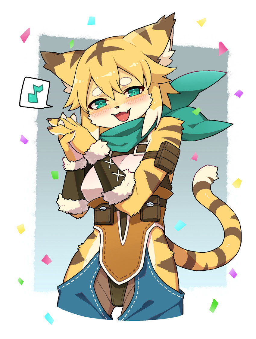 5_fingers anthro armor armwear blonde_hair blush bracers breasts brown_body brown_fur brown_hair clasped_hands claws clothed clothing eyebrows female female_anthro finger_claws fingers fully_clothed fur green_eyes hair half-closed_eyes hands_together inner_ear_fluff kemono kerchief looking_at_viewer multicolored_body multicolored_fur multicolored_hair narrowed_eyes neckerchief neckwear open_mouth open_smile satchel short_hair simple_background smile solo tail tongue tuft white_body white_fur white_hair yellow_body yellow_fur yamame513 cygames world_flipper mia_(world_flipper) felid mammal pantherine tiger 2020 digital_media_(artwork) hi_res