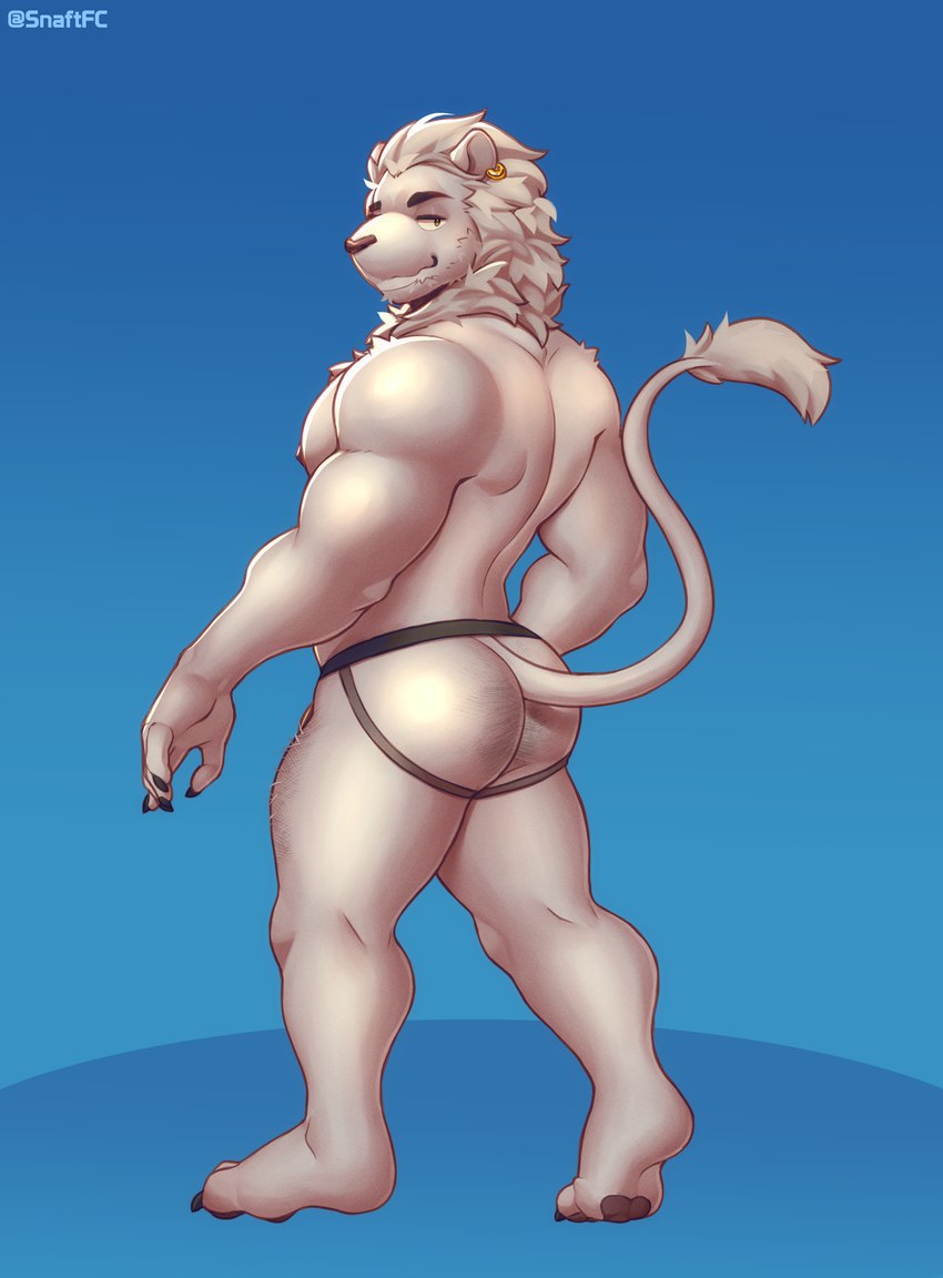 anthro big_butt butt claws clothing ear_piercing ear_ring feet fur jockstrap long_tail looking_at_viewer male mane muscular muscular_anthro muscular_male narrowed_eyes nipples pawpads pecs piercing pubes rear_view ring_piercing simple_background smile smirk solo standing tail underwear white_body white_fur snaftfc leotheo felid feline lion mammal pantherine absurd_res hi_res