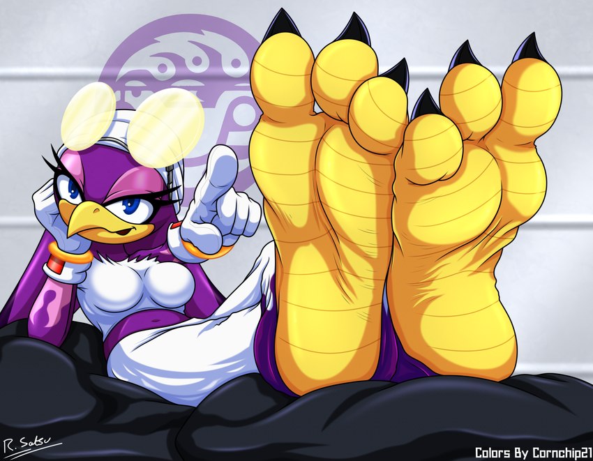 3_toes 5_fingers anthro avian_feet barefoot breasts claws clothed clothing eyewear feet female fingers foot_focus gesture glasses gloves hand_gesture handwear looking_at_viewer midriff plantigrade pointing pointing_at_viewer presenting soles solo talons toe_claws toes cornchip21 nitropunkarts sega sonic_riders sonic_the_hedgehog_(series) wave_the_swallow avian bird hirundinid oscine passerine swallow_(bird) hi_res signature