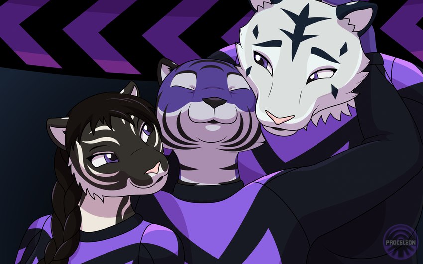 anthro black_body black_fur braided_hair chevron_(marking) clothing eyes_closed female fur group group_photo hair hug larger_female larger_male leaning leaning_forward leucistic looking_back male markings melanistic pattern_clothing purple_body purple_eyes purple_fur size_difference slightly_chubby slightly_chubby_female smaller_female smaller_male smile smiling_at_another smiling_at_partner striped_body striped_clothing striped_fur stripes trio uniform white_body white_fur x3 proceleon celene_nari eowyn_makhar pierce_baggar bengal_tiger felid mammal pantherine siberian_tiger sumatran_tiger tiger hi_res signature watermark