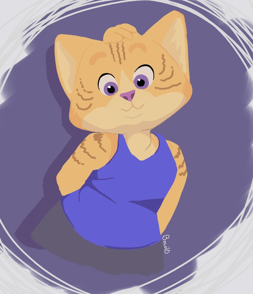 abstract_background anthro clothing female fur looking_at_viewer purple_eyes shirt simple_background solo tank_top topwear yellow_body yellow_fur boloid domestic_cat felid feline felis mammal digital_media_(artwork) hi_res